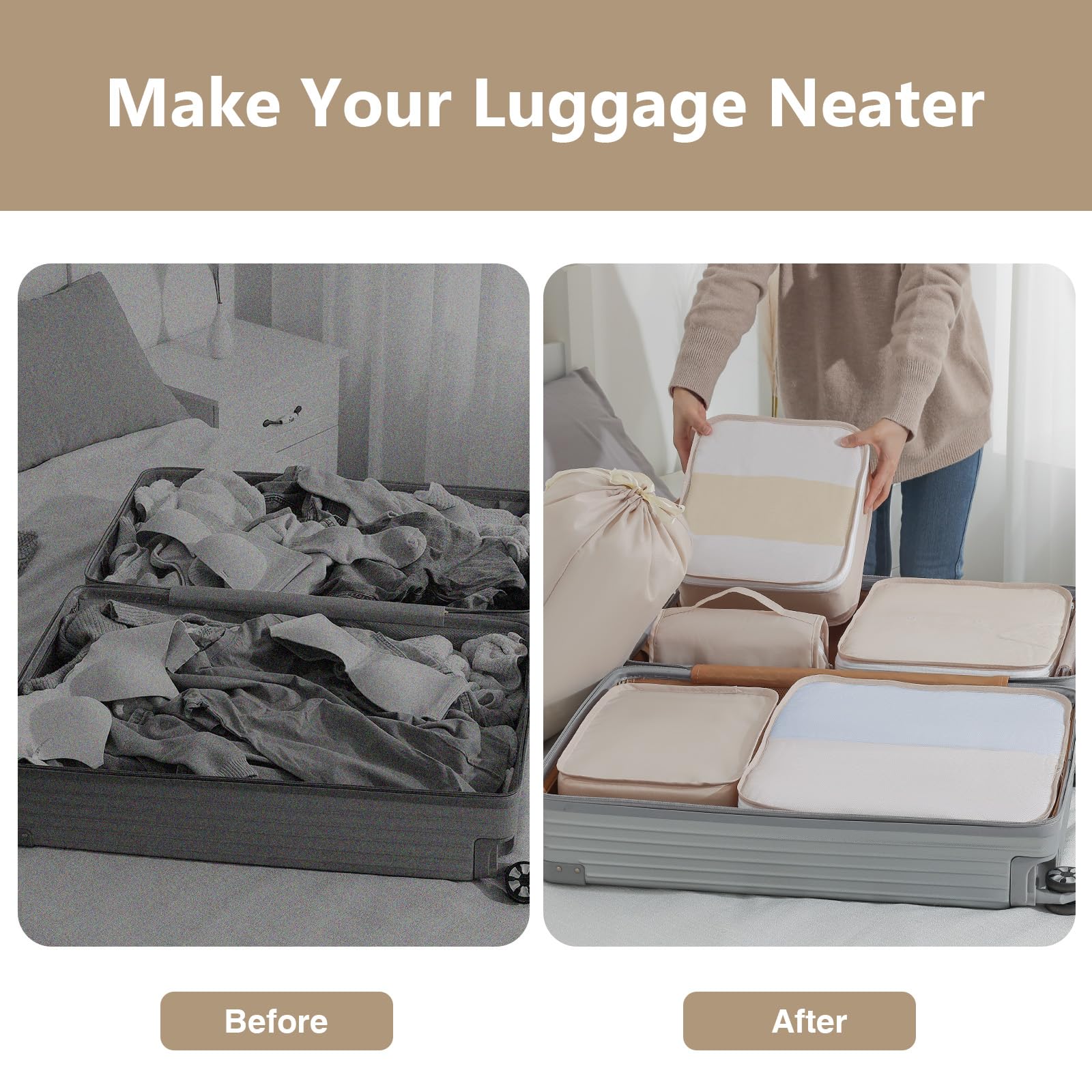 Easortm Easortm Packing Cubes for Travel - 9 Set Large Travel Cubes Luggage Organizer Bags Set With Laundry Bags/Shoe Bag/Toiletry Bag (Beige)