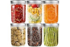 MELCARS Wide Mouth Glass Mason Jars 16 oz, 6 Pack Glass Canning Jars with Metal Airtight Lids and Bands and Measurement Marks, for Canning, Preserving, Overnight Oats, Jam, Jelly, Food Storage, DIY etc