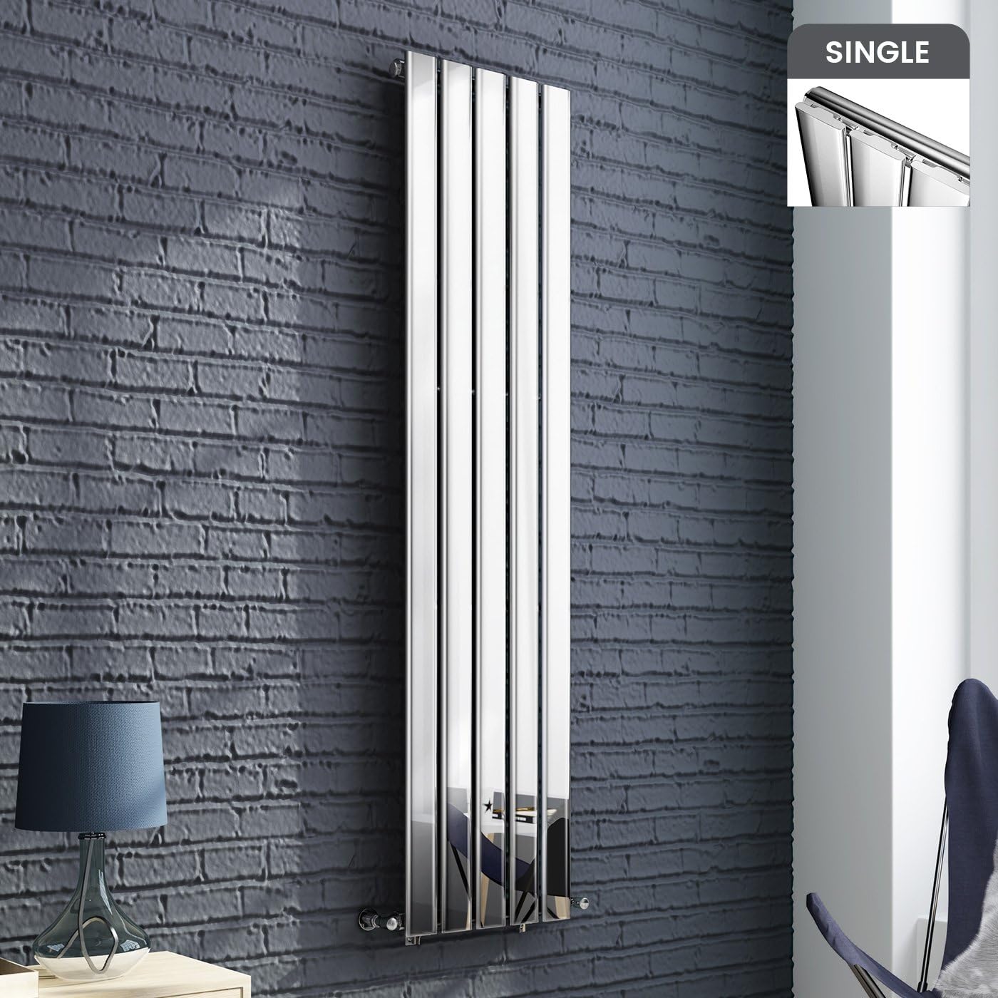 iBathUK | 1600 x 360 Vertical Column Designer Radiator Chrome Single Flat Panel