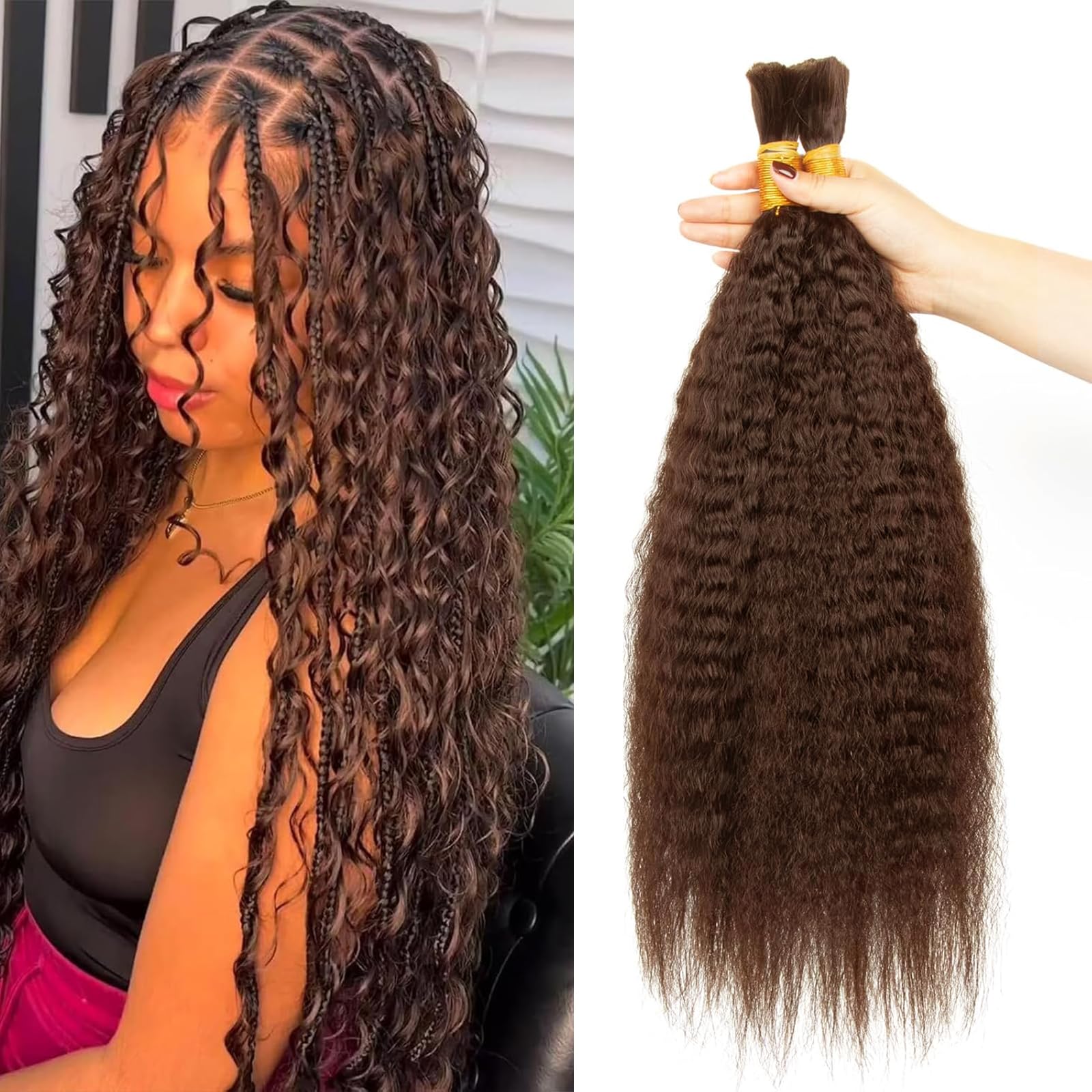 22 Inch Brown Kinky Straight Human Hair for Braiding - Wet and Wavy Bulk Hair Extension - Curly Human Braiding Hair 2 Pack/100g — image 1