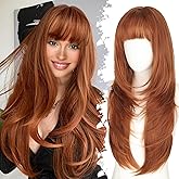 Eawwii Long Ginger Wig with Bangs for Women,4x4 Realistic Scalp, Free Parting,Layered Hairstyle Synthetic Heat Resistant for Daily Party Use 26 inch