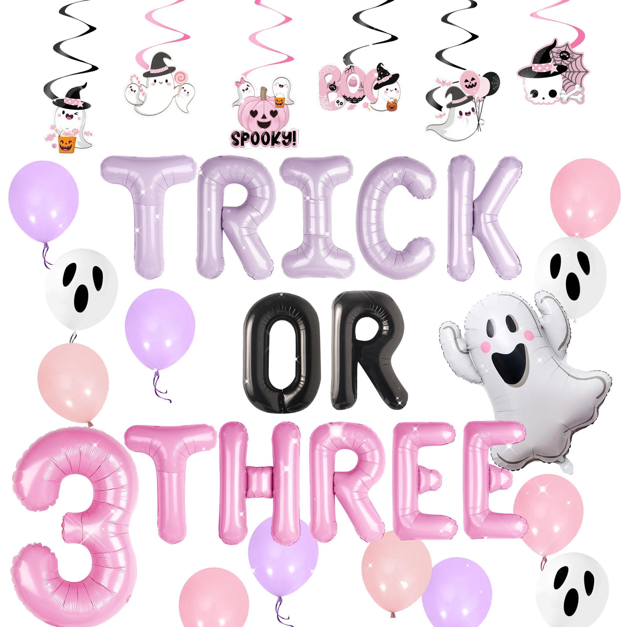 Photo 1 of Trick or Three Party Decir Trick Or Three Banner Halloween Ghost Balloons for Pink Halloween Girl Third Birthday Party Decorations