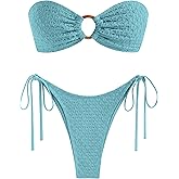 ZAFUL Women's Bandeau Bikini Strapless O Ring Lace Tie Back High Cut Two Piece Swimsuit Bathing Suits