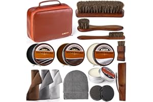 EFO SHM 15-in-1 Shoe Shine Kit & Leather Polish Set with Black, Brown, Neutral Wax, 4 Horsehair Brushes, Mink Oil & 3 Cloths Complete Boot Care & Cleaning Gifts for Men & Women with Portable Leather Case