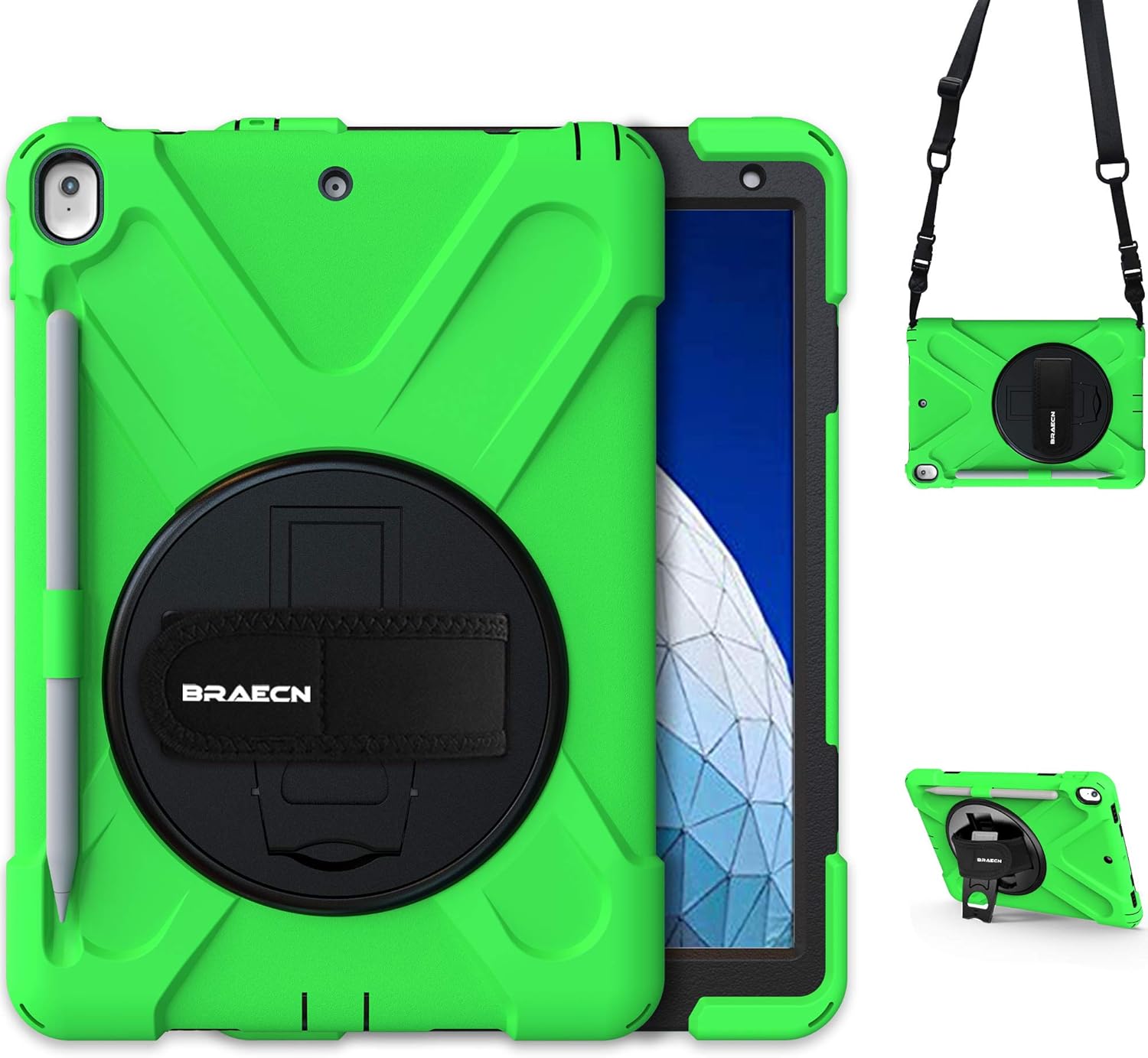 BRAECN Case for iPad Air 3rd Gen 10.5'' 2019,[Pencil Holder]+[Carrying Shoulder Strap]+[Hand Strap]+[Kickstand] Heavy Duty Dropproof Shockproof Protective Case for iPad Pro 10.5 Inch 2017 Tablet-Green