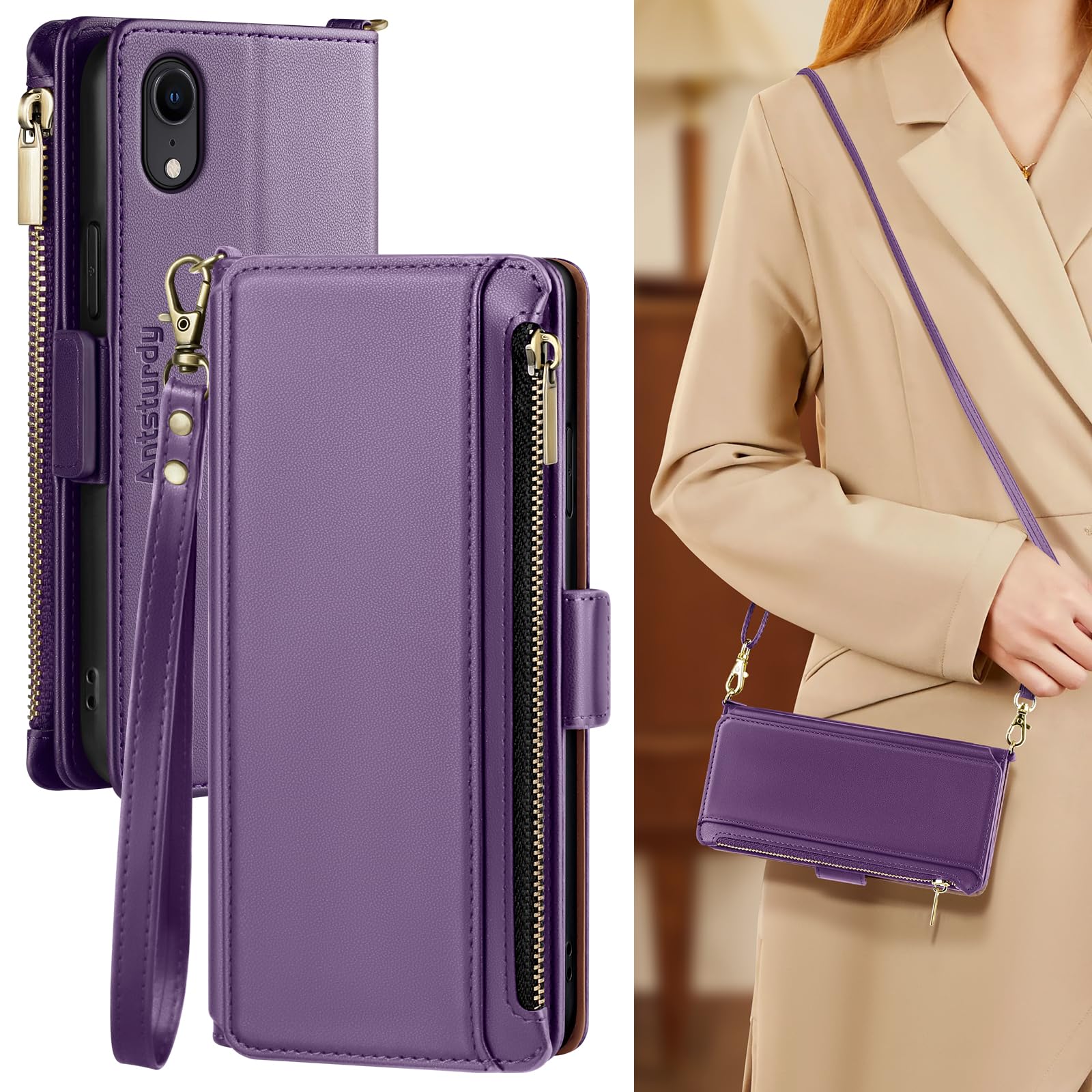 Antsturdy Compatible with iPhone XR Wallet Case for Women,RFID Blocking PU Leather Crossbody Phone Case Zipper with Wrist Strap Flip Cover Credit Card Holder Slots for Apple iPhone XR,Purple