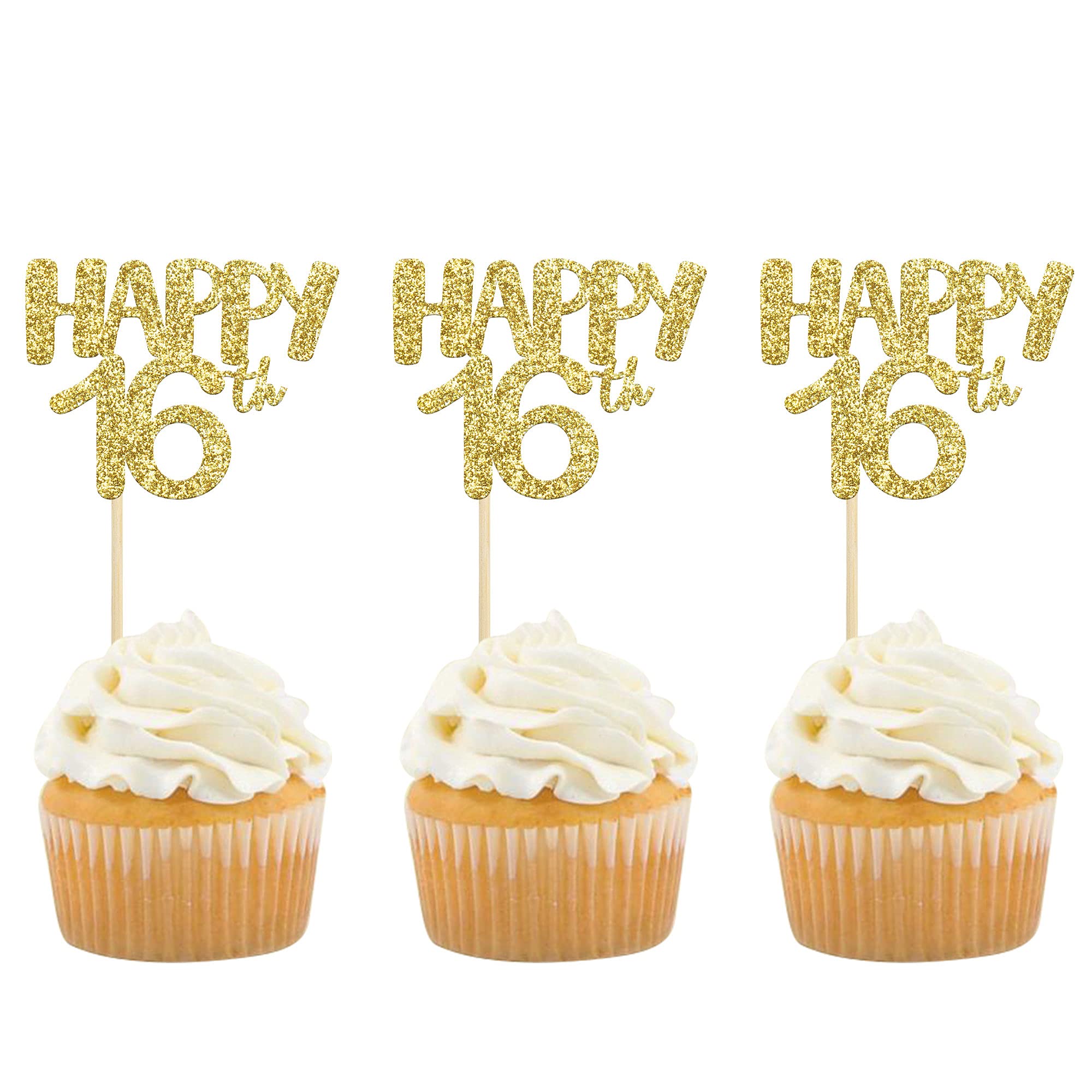 Gyufise 24Pcs 16 Cupcake Toppers Happy 16th Birthday Cake Toppers Gold Glitter 16 Cake Topper Picks Birthday Cake Decoration for 16th Birthday Party Anniversary Celebration Supplies