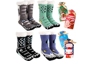Foaincore 4 Pairs Kids Boy Girls Fuzzy Slipper Socks with Grippers Cozy Non Slip Winter Socks Cute Animal Kid Christmas Socks