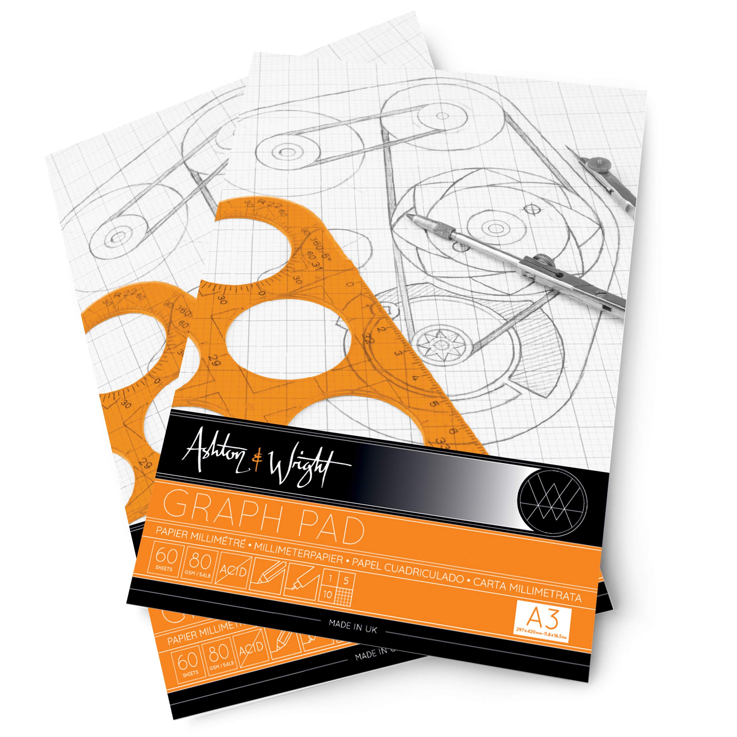 Ashton and Wright - A3 Grey - Grid Graph Pad - 80gsm Paper - 60 Sheets - Pack of 2