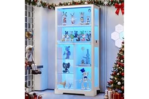 JDPAG 71" Tall Display Curio Cabinet with Glass Doors,Glass Curio Cabinet with Human Sensor Light,7-Tier Display Case with 3 Color Lights,China Cabinet w/Removable Shelves for Collectibles,White