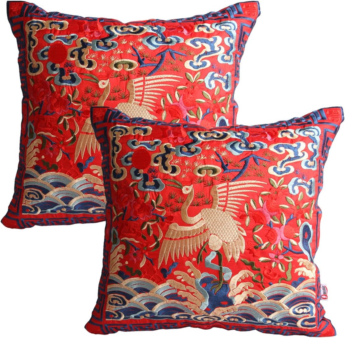 Queenie - 2 Pcs Silky Oriental Chinese Phoenix Embroidered Decorative Throw Pillow Case Cushion Cover 17.25 x 17.25 Inch 44 x 44 cm (CS94 Red)