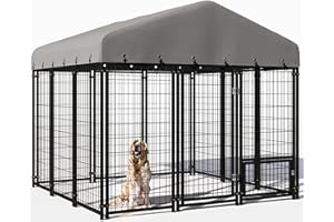 SWEECCI 73"x70" Dog Kennel Outside, Large Outdoor Dog Kennel with Feeding Door and Double Lock, Heavy-Duty Weatherproof Dog Cage and Dog Fence with Roof, Outdoor for Large Dogs, Easy Assembly