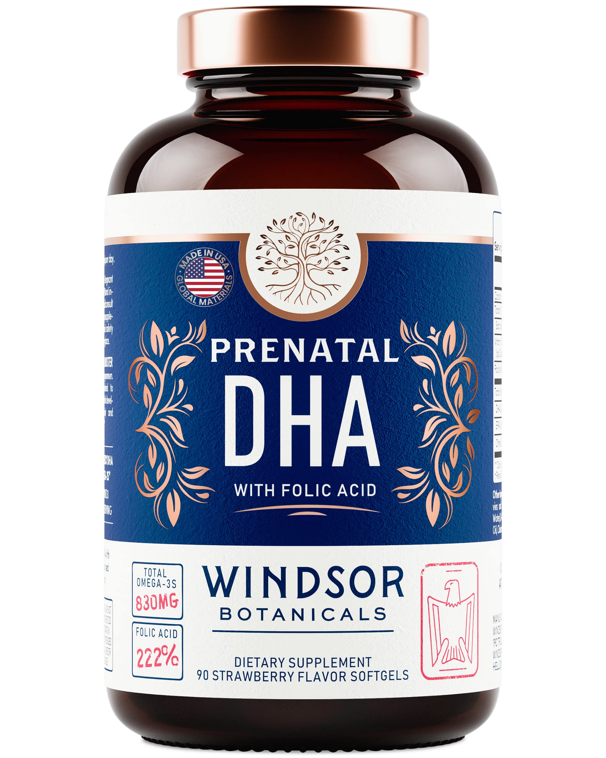 Prenatal DHA and Folic Acid - 830mg Omega-3 (DHA + EPA Fish Oil), 800mcg Folic Acid - High-Potency Prenatal Vitamins for Women - Supports Fetal Development & Baby’s Brain - 90 Strawberry Softgels
