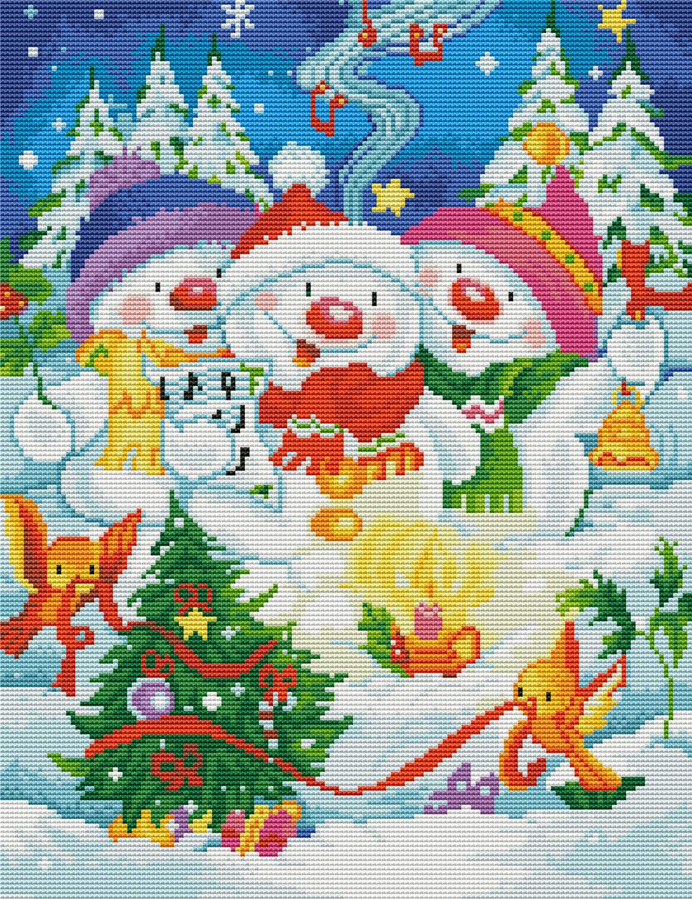 Abillyn Christmas Trees Cartoon Snowman Birds Music Stamped Cross Stitch Kit with Pattern Print (Christmas)