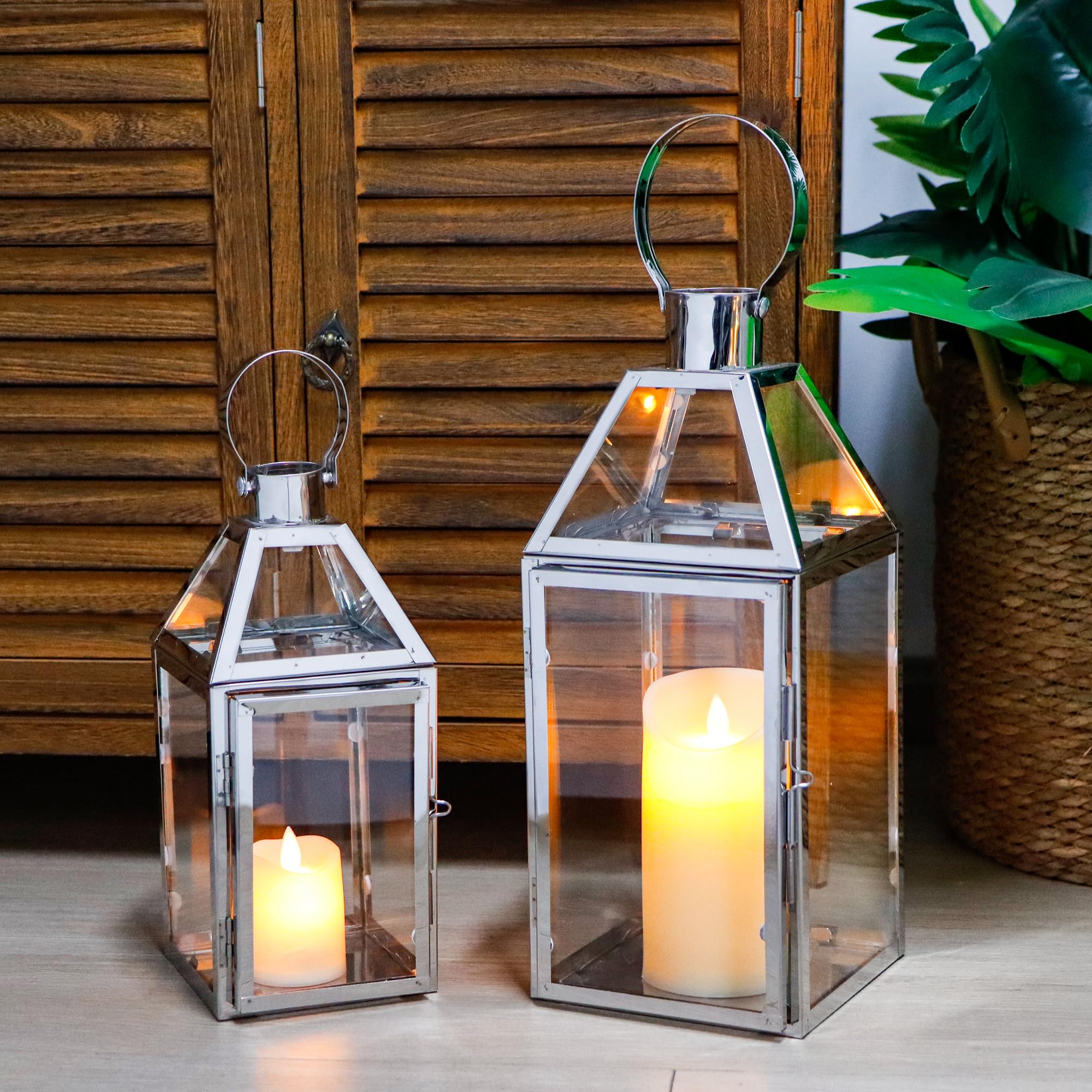 Photo 1 of TRIROCKS Set of 2 Stainless Steel Decorative Lanterns 13"&10" H Metal Candle Holders with Tempered Glass for Home Decor Living Room Parties Events Tabletop Indoors Outdoors(Silver)