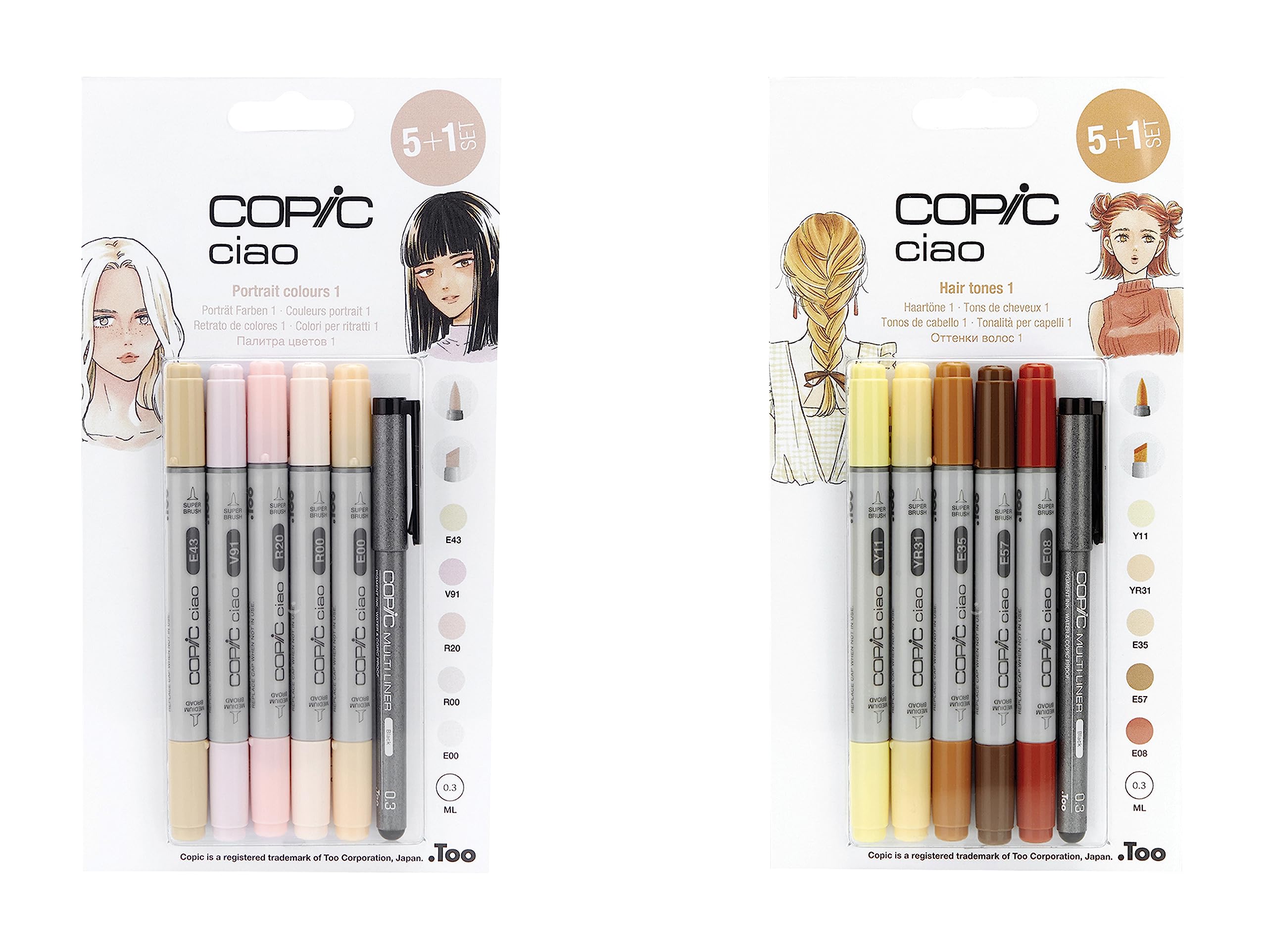 Copic Ciao Coloured Marker Pen - 5+1 Bundle, Hair Tones 1 And 2 Themed Sets, For Art & Crafts, Colouring, Graphics, Highlighter, Design, Anime, Professional & Beginners, Art Supplies, Colouring Books