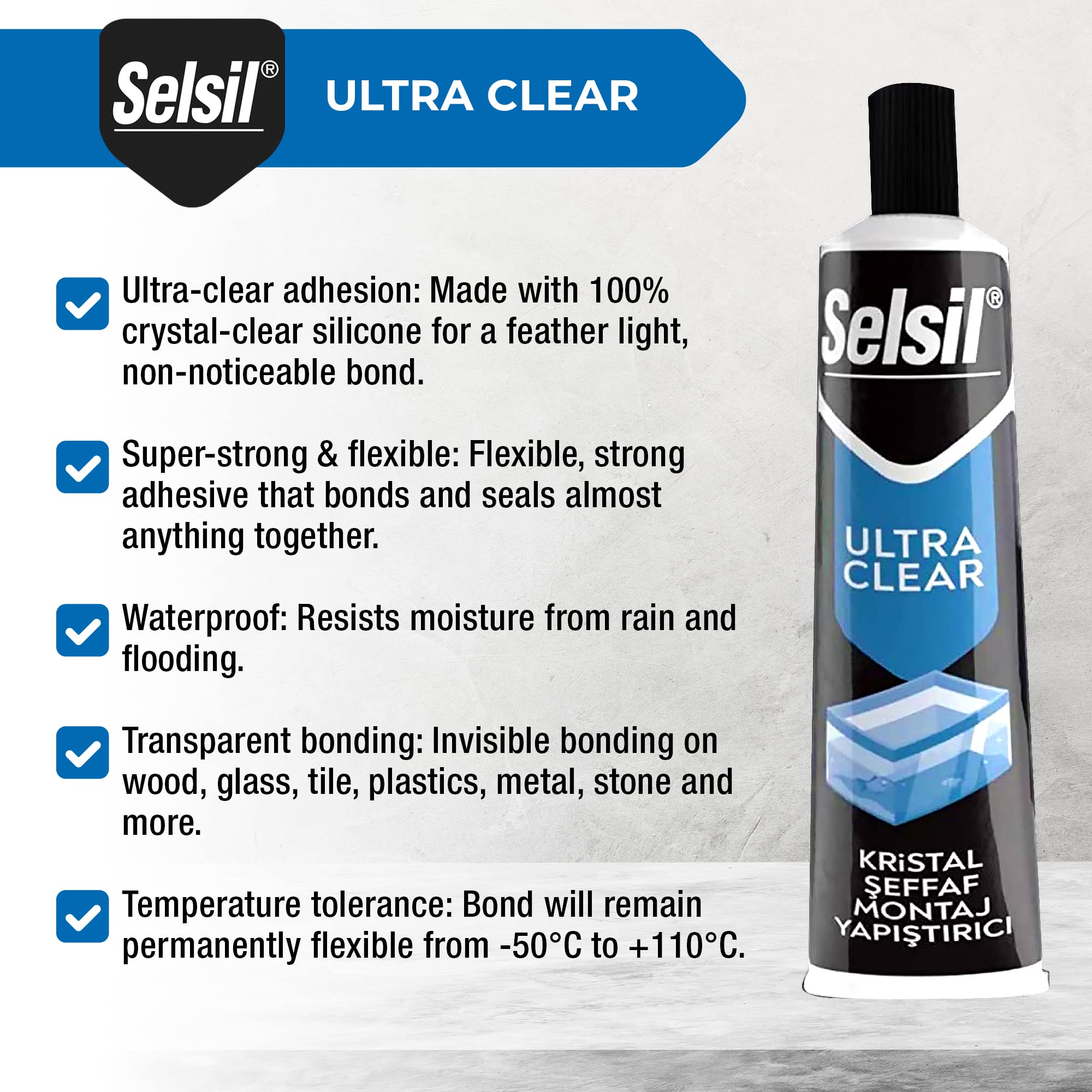 SELSIL Ultra Crystal Clear Mounting Adhesive & Sealant - Indoor & Outdoor Adhesive Tough & Flexible Construction Adhesive, 100% Transparent Bonding and Sealing Waterproof Adhesive (1.7 fl oz/50 mL)