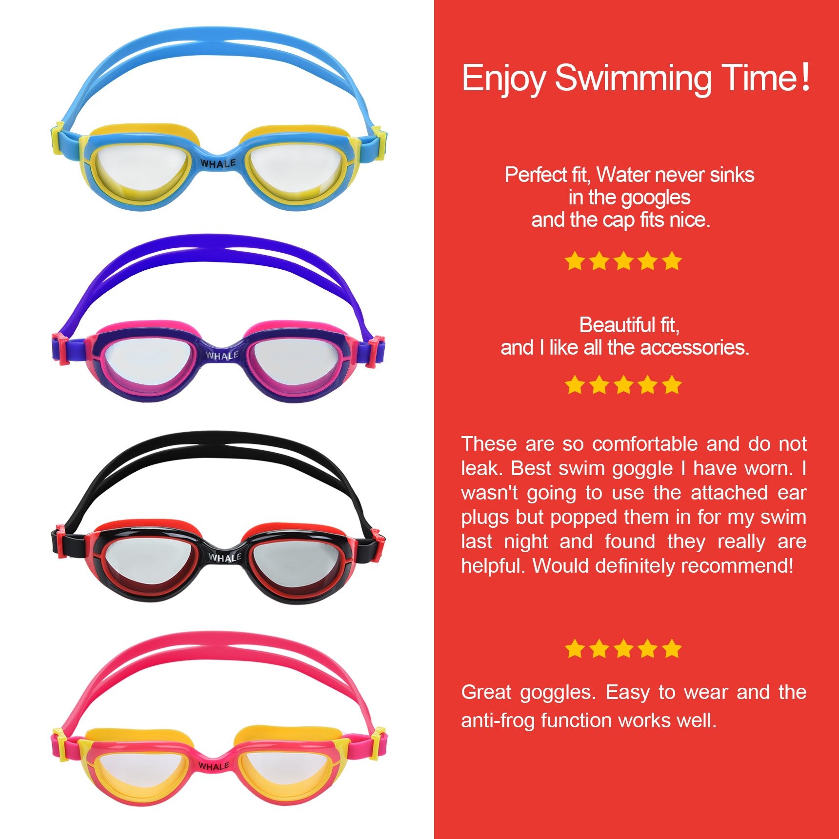 Whale Kids Swim Goggle and Cap Set Anti Fog UV Protection Swimming Goggles Swimmer Caps with Ear Plugs Nose Clip Toys Games Triathlon Equipment for Youth Teens Children Boys Girls Trainning Gear