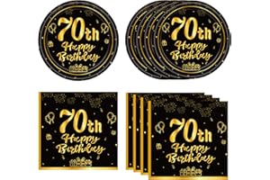 KHAIVI 40PCS 70th Birthday Decorations,70th Party Tableware Set Paper Plate Napkin,Black Gold Vintage 1955 Aged to Perfection Table Party Supplies, 70 Year Old Birthday Party Decor for Women Men