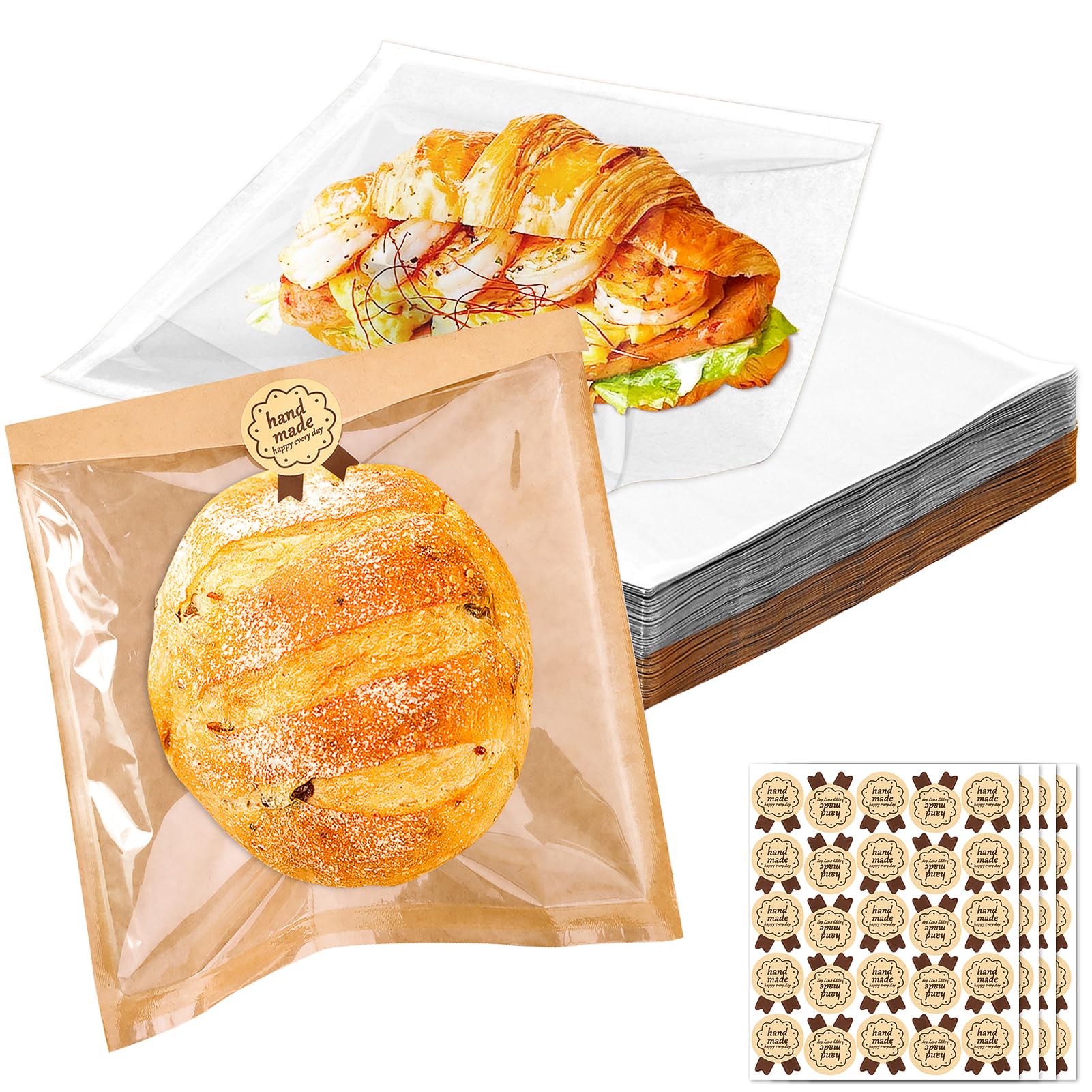 Photo 1 of 100Pcs Heat Sealable Cookie Bags,7.5 * 7.9Inches Resistant Bakery Bags with Window,Kraft Bread Bag with Paper Stickers,Kraft Paper Sandwich Bag Perfect for Homemade Bread Toast Donuts Pastry Packaging