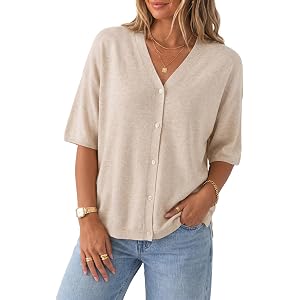 Arach&Cloz Women's Wool Blend Oversized Elbow Sleeve Summer Casual Cardigan | Non-Itchy Breathable Sweater, V-Neck Button Fro