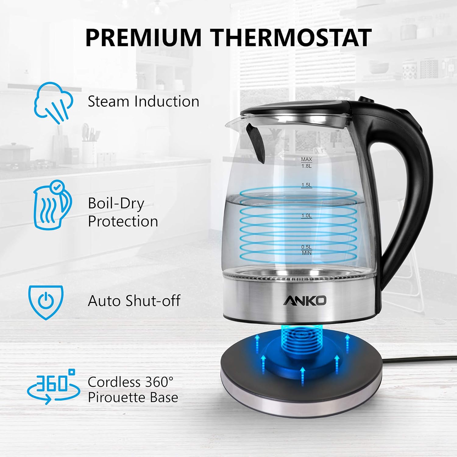 1.8L Capacity with Fast Boiling 2200W with 360° Cordless Pirouette Base