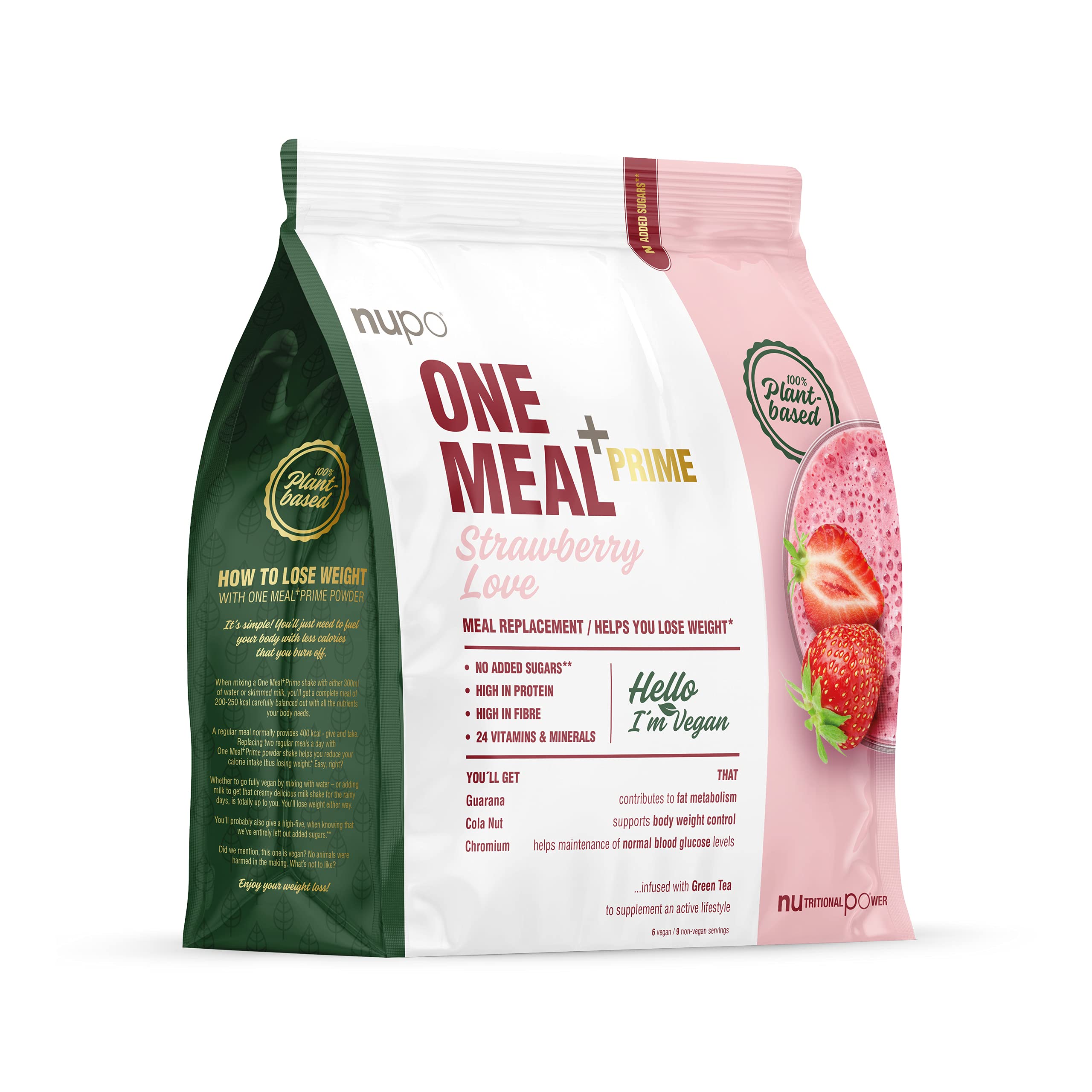 NUPO One Meal + Prime Vegan Powder - Strawberry Love I Tasty meal replacement shakes for a balanced diet plan I High in protein I No added sugars I 24 vitamins and minerals I 360g