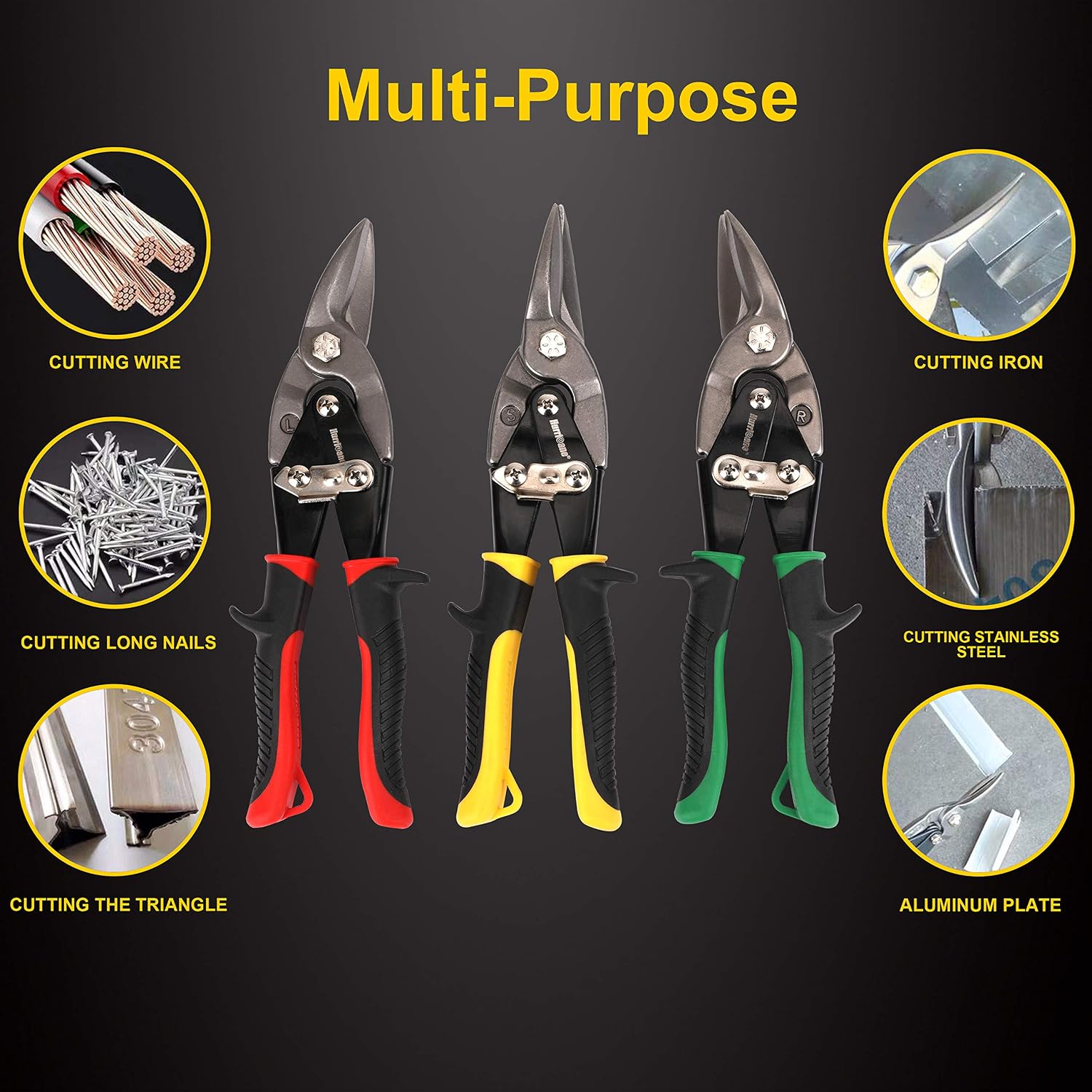 HURRICANE 3 Pcs Aviation Tin Snips Set, Metal Cutter Shear for Cut Sheet Metal Chrome Vanadium Steel, Straight Left and Right - Image 4