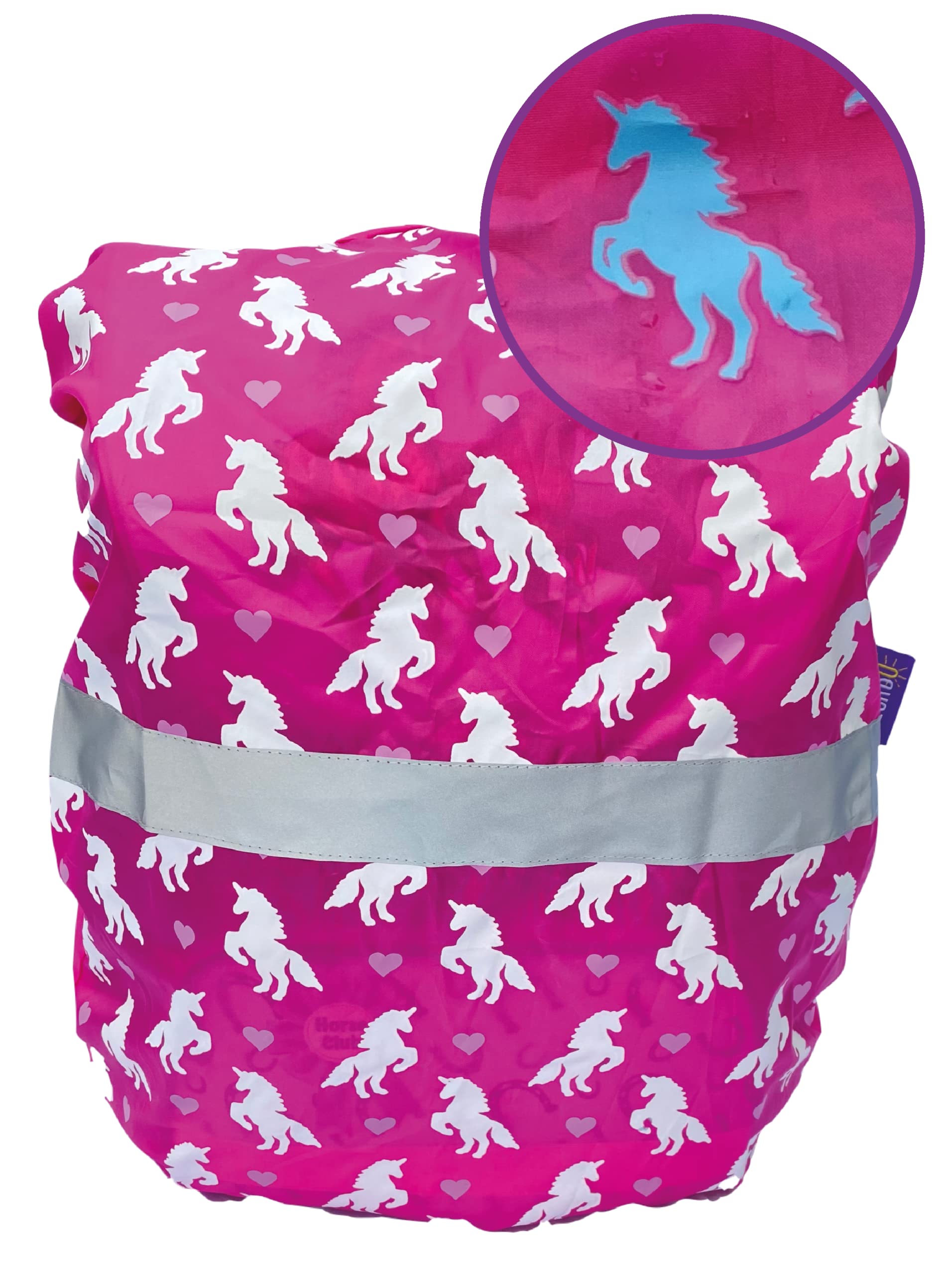 HECKBO Kinder Regenschutz Ranzenschutz Ranzen Rucksackhülle Einhorn - Farbwechsel bei Nässe - Reflektierende Sicherheitsstreifen - Wasserfestes Polyester - Universalgröße Einheitsgröße