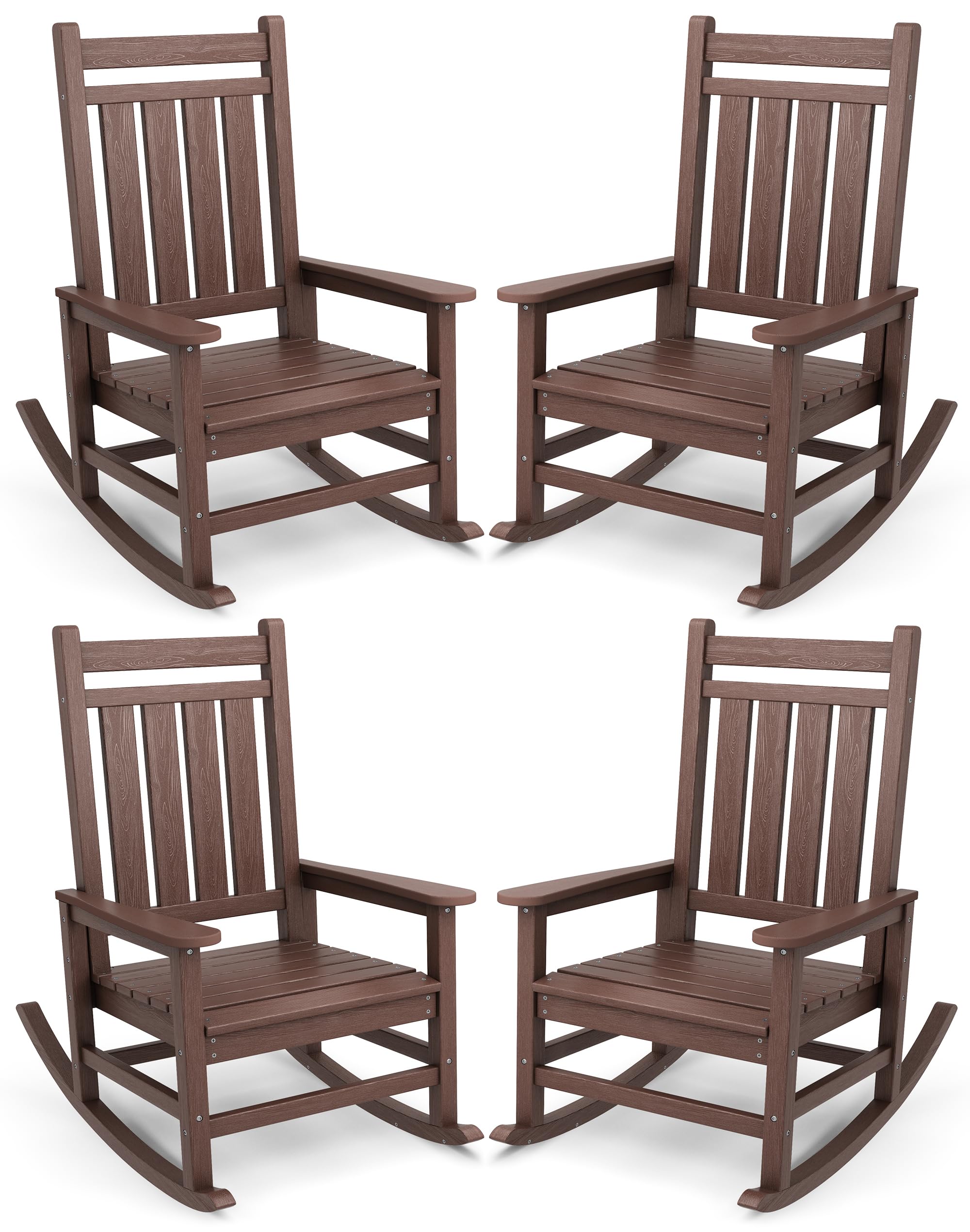 SERWALL Oversized Outdoor Rocking Chair Set of 4, HDPE Rocker for Adults, Patio Rocking Chairs for Porch, Brown Image