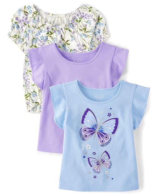 The Children's Place,Baby Girls,and Toddler Short Sleeve Everyday Casual Knit Shirt,Cool Cobalt Flutter 3-Pack,2 Years
