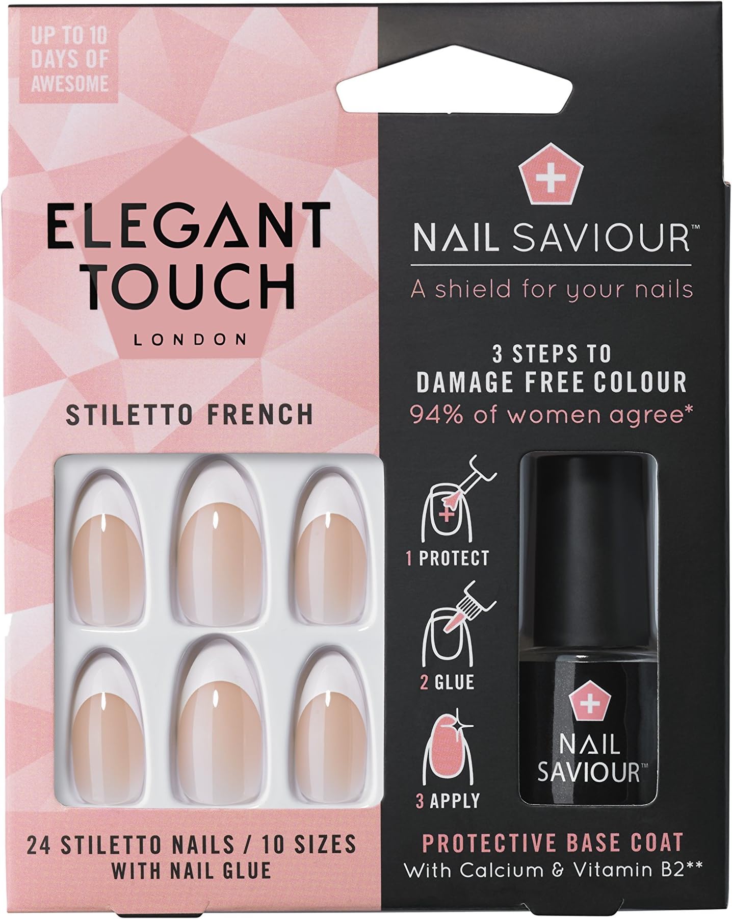 Elegant Touch with Nail Saviour & Nail Glue, False Nails (24 Nails) - Stiletto French