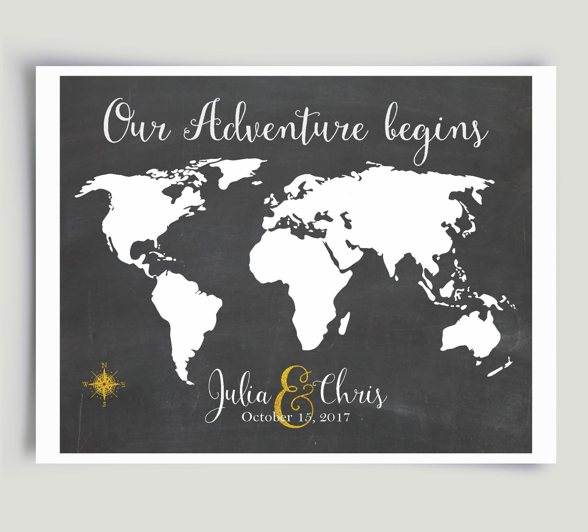 Paper Print Adventure World Map Personalized Wedding Chalkboard Style Black White Gold Art Unframed