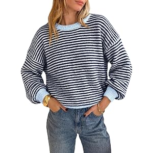 Cicy Bell Womens Striped Sweater Loose Fit Color Block Knit Pullover Tops | Lightweight, Crewneck, Long Sleeve, Fall Spring O