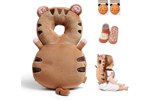 HippoBaby Baby Head Protector Backpack – Toddler Safety Cushion for Crawling & Walking – Infant Fall Protection Pillow with Adjustable Straps – Comes with Knee Pads & Non-Slip Baby Socks (Tiger)