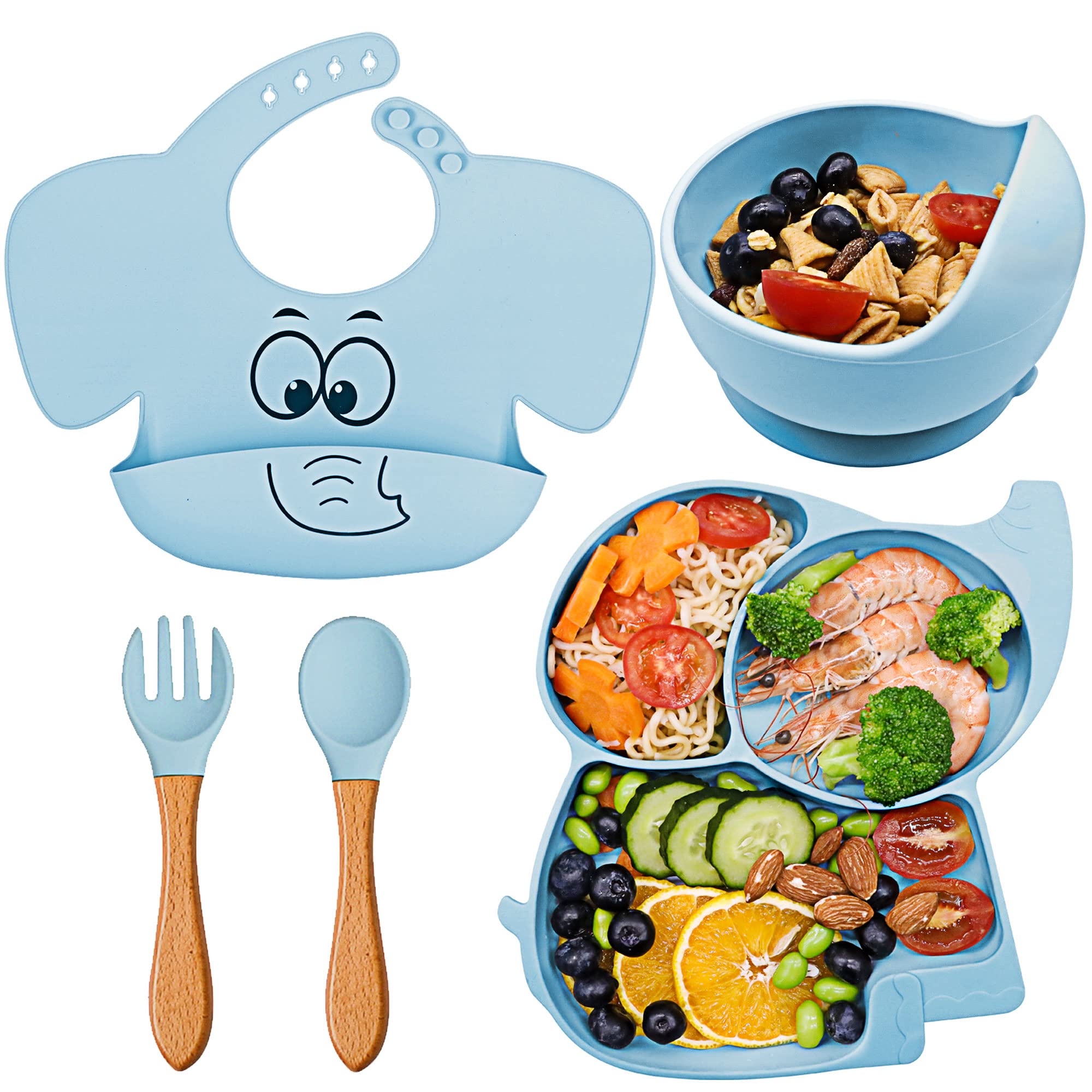FILOWA Silicone Baby Weaning Set, 5 in 1 Baby Feeding Set with Suction Plates and Bowls Set, Weaning Bibs, Toddler Spoon and Fork Cutlery Set, Led Weaning Tableware Set for Highchair,Blue Elephant