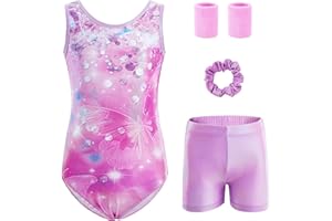 Tstiti 5-Piece Gymnastics Leotards for Girls with Shorts Scrunchie & Wristbands Toddler/Kids Dance Outfit