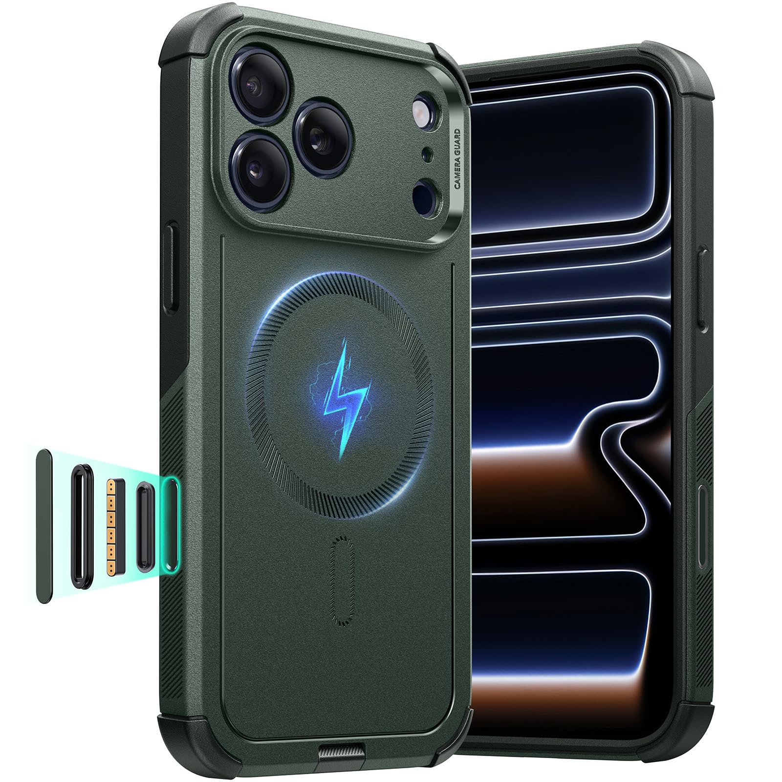 Photo 1 of ESR for iPhone 17 Pro Case, 7X Military-Grade Drop Protection with Camera Control Button, Shock-Absorbing Phone Rugged Cover, Compatible with MagSafe Accessories, Magnetic Cyber Series, Green