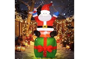 TISEJOY 6 FT Christmas Inflatable Decorations, Santa Claus Sitting on Gift Box, with Build-in LEDs for Yard Indoor Outdoor Garden Party