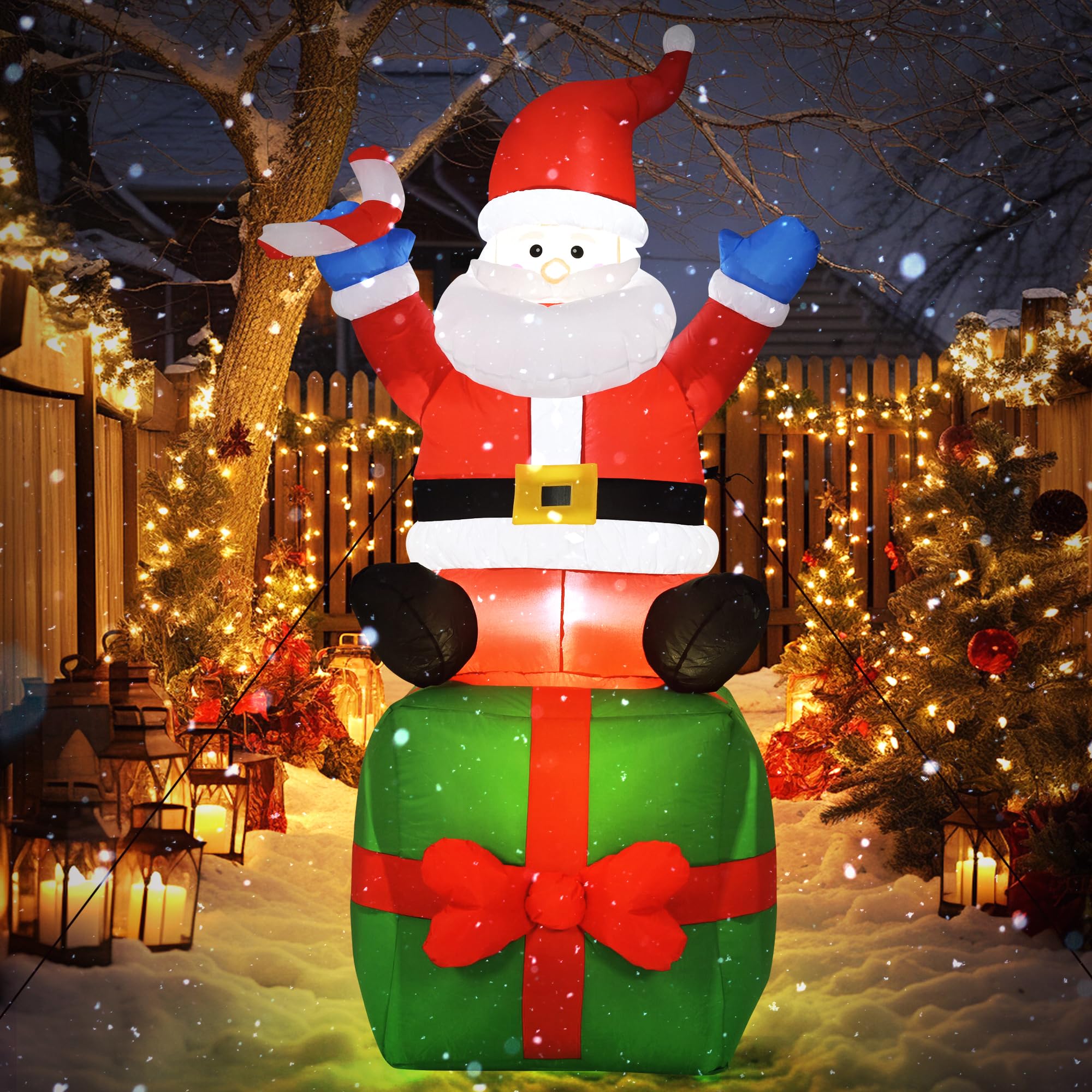 Photo 1 of TISEJOY 6 FT Christmas Inflatable Decorations, Santa Claus Sitting on Gift Box, with Build-in LEDs for Yard Indoor Outdoor Garden Party