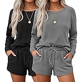 Neer 2 Pack Women's Waffle Knit Pajama Sets Long Sleeve and Shorts Pajama Set Matching PJ Loungewear Sweatsuit with Pockets