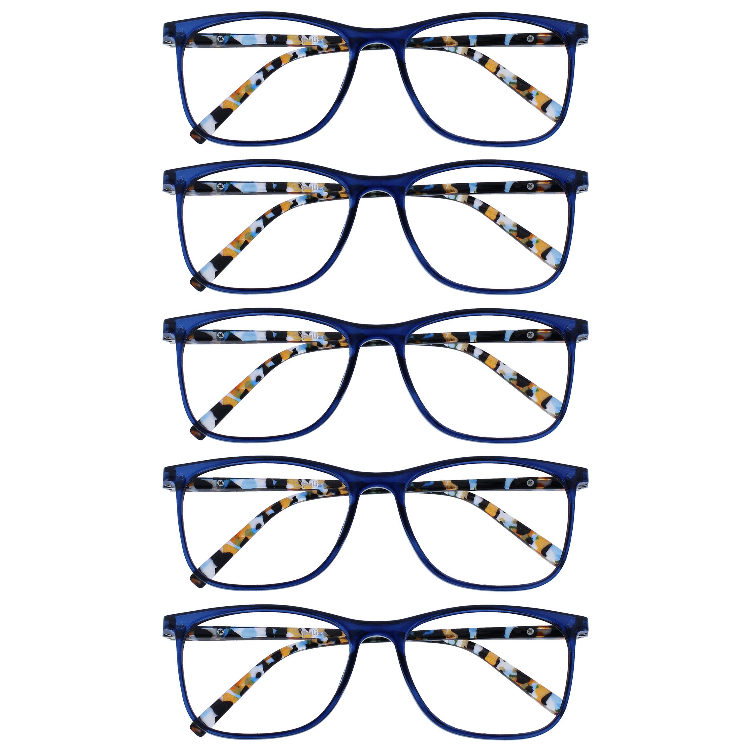 OPULIZE Arc Reading Glasses 5 Pack Stylish Slim Square Frame Spring Hinges Scratch Resistant Blue Patterned Arms Mens Womens RRRRR66-3 +1.50