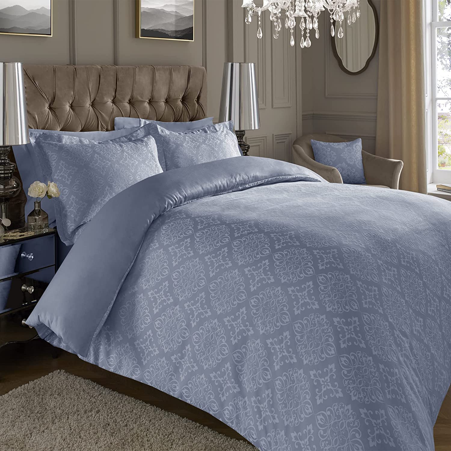 ED Luxury 600 Thread Count Jacquard Duvet Cover 3 Piece Set Super Soft Cotton Rich & Warm Bedding Damask Pattern Quilt Cover (Double, Blue Ornamental)