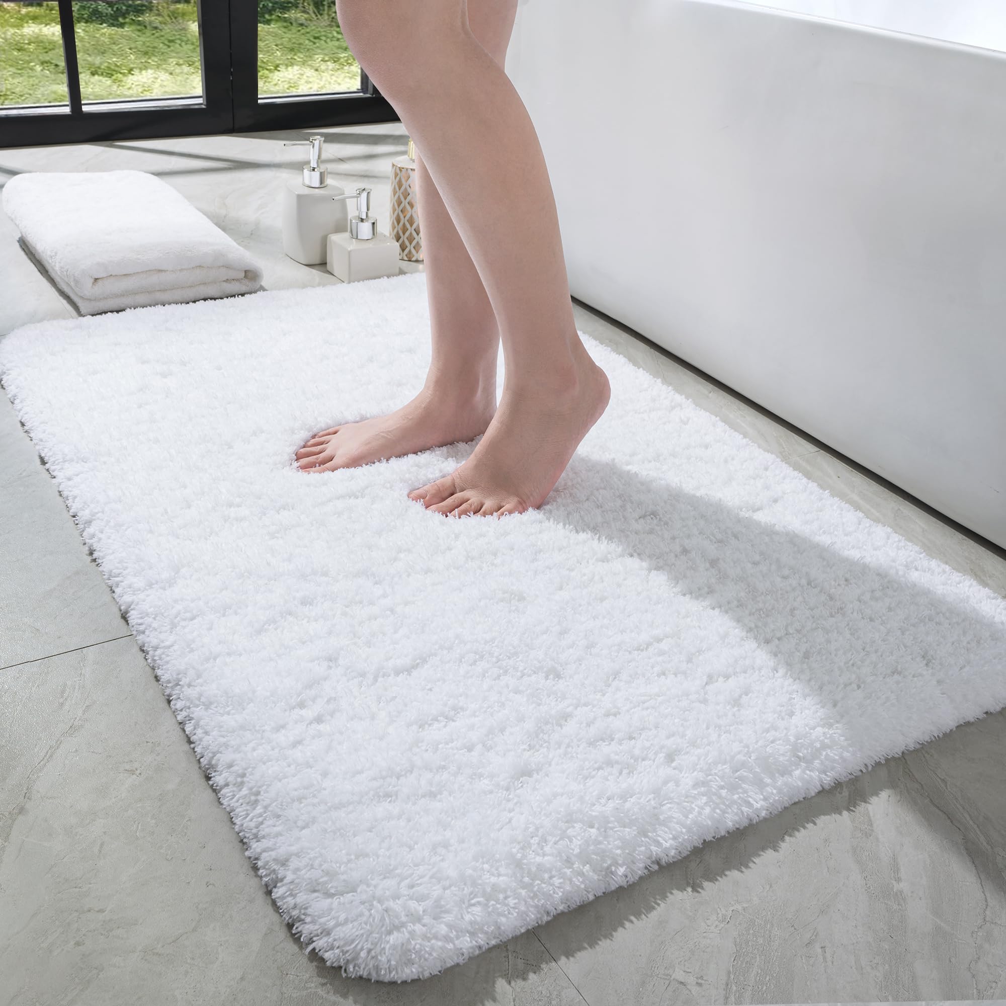 Photo 1 of LOCHAS Bathroom Rug 36x24 Inch, Soft Thick Absorbent Microfiber Bath Rugs for Bathroom, Machine Washable, Shaggy Plush Non Slip Bath Mat for Tub, Shower Floor, Quick Dry Mats, White
