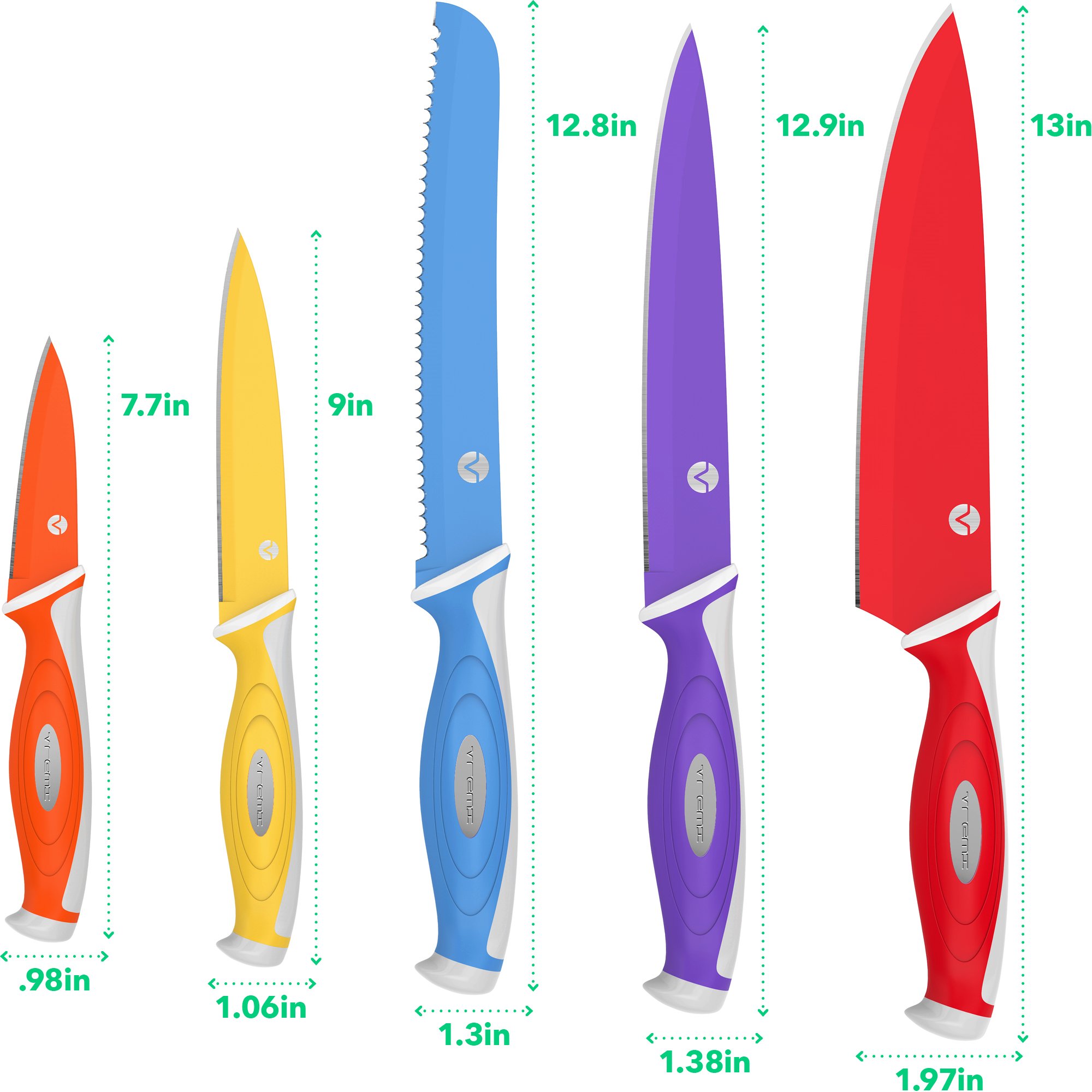 Vremi 10 Piece Colorful Knife Set - 5 Kitchen Knives with 5 Knife Sheath Covers - Chef Knife Sets with Carving Serrated Utility Chef\'s and Paring Knives - Colored Knife Set with Matching Color Case