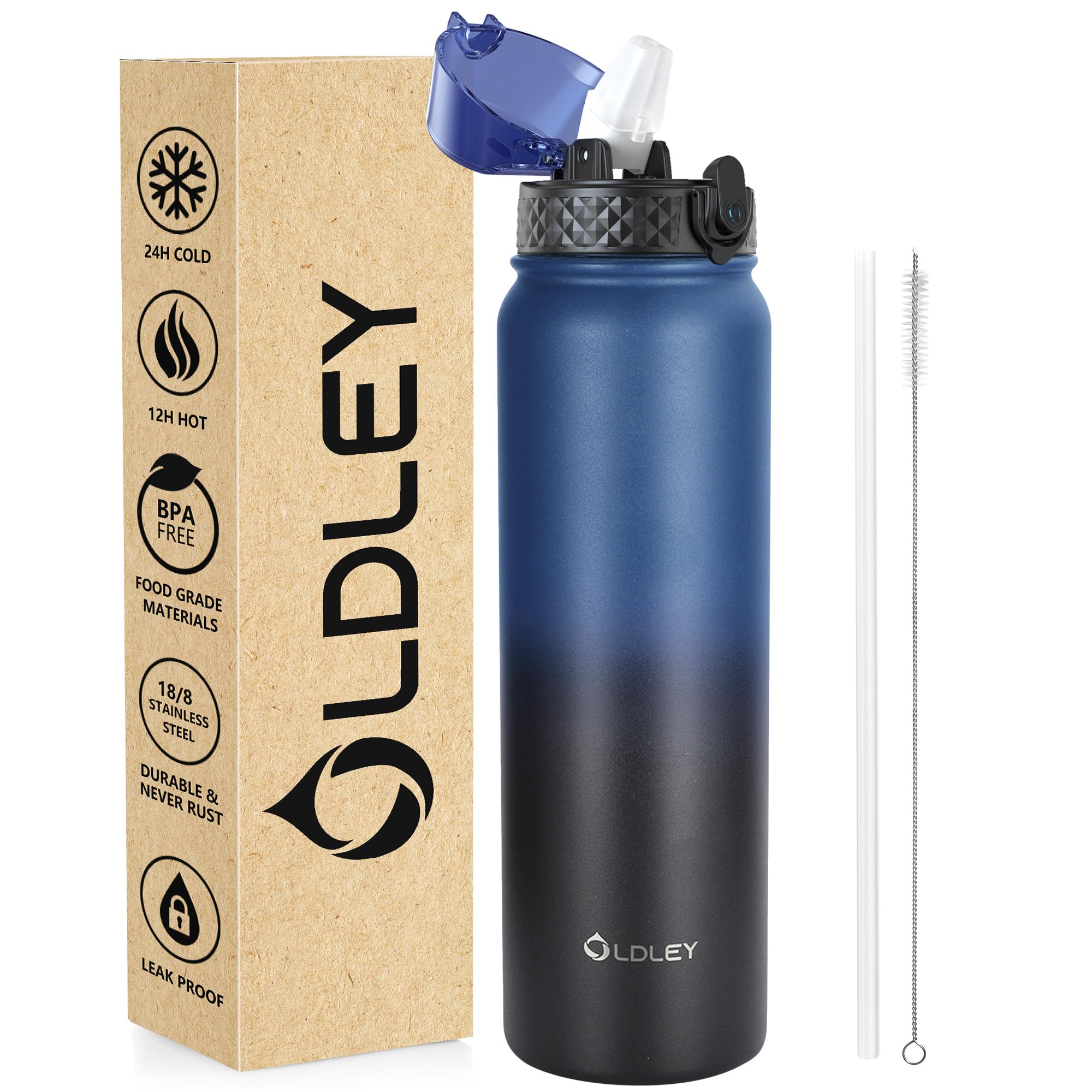 OLDLEY Stainless Steel Water Bottle with Straw 1L Vaccum Insulated Large Drink Flask Metal Water Bottles 1 Litre Leakproof Keep Drinks Hot Cold for Sports Gym Travel Adult Women Men(Blue Black, 1 Lid) — image 1