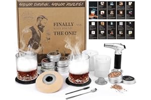 Whiskey Smoker Kit with Torch, 2 Glasses, 6 Flavors Wood Chips, 2 Ice Ball Molds, Cocktail Whisky Old Fashioned Drink Smoker 