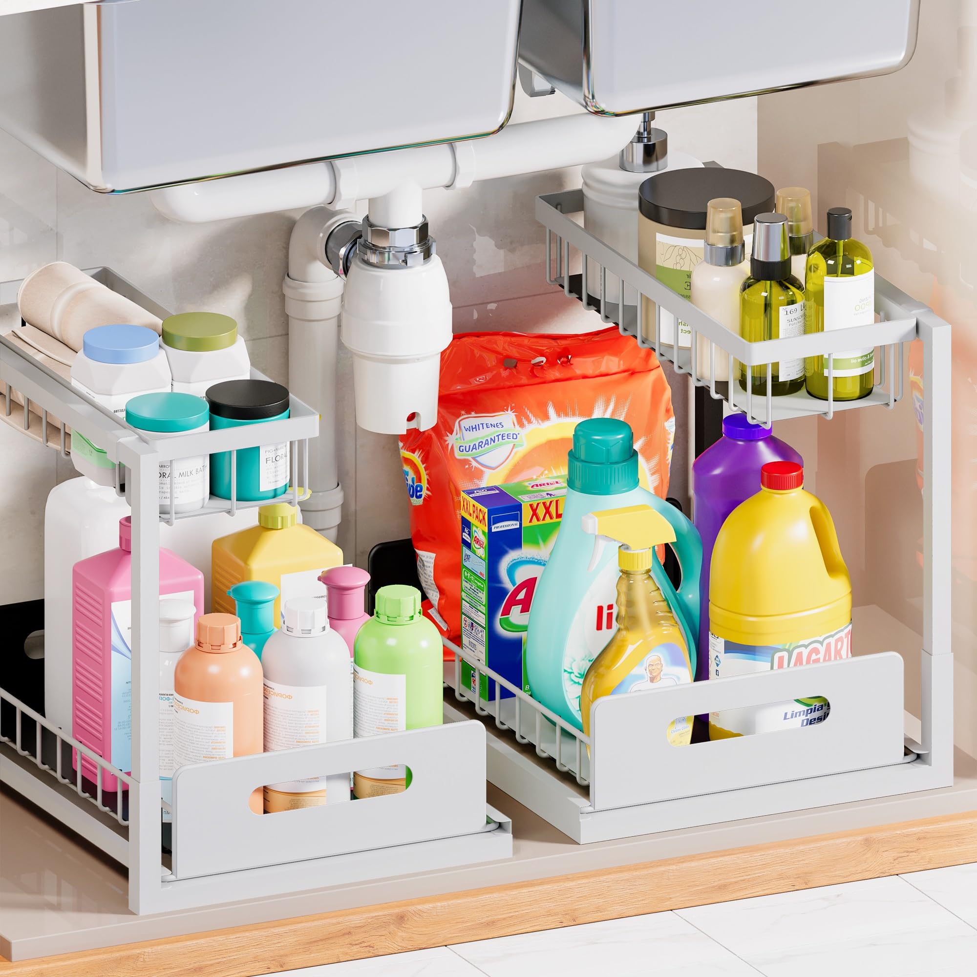 Photo 1 of VUSIGN 2 Pack Under Sink Organizer and Storage, 2 Tier Under Cabinet Organizer for Bathroom Kitchen with Pull Out Storage Shelf Drawer, White