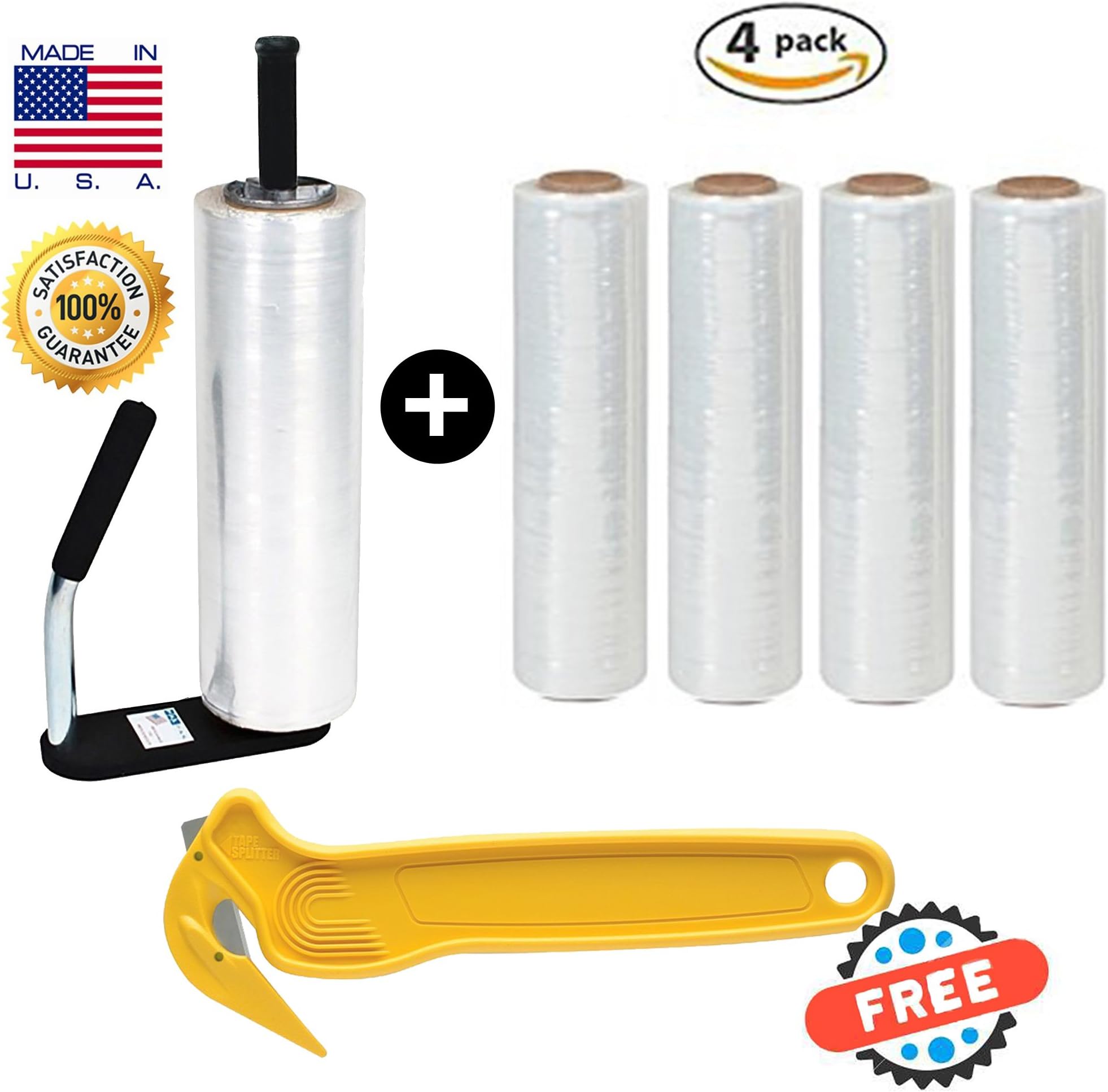 Best Selling Stretch Film Dispenser with Clear Plastic Shrink Film, Industrial Strength Moving & Packing Wrap, 4 Pack 18" x 1500 Ft Rolls with Tension Grip Adjustment for Furniture, Boxes & Pallets