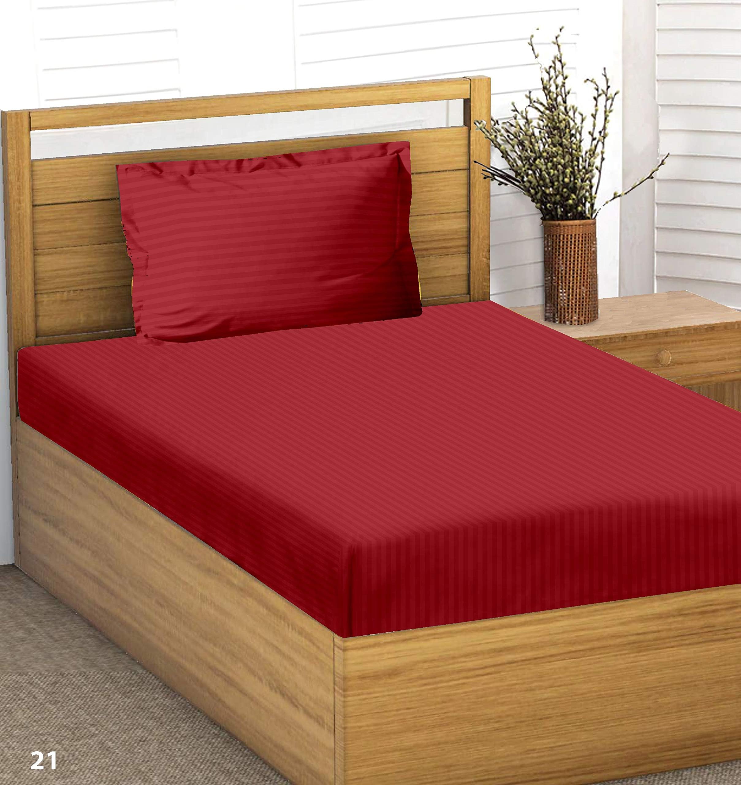 Trance Home Linen 100% Cotton 78x36 inch Single Fitted 200TC Satin Stripe Elastic Fitted Bedsheet | Single Bed Size Daily use Fitted Bedspread with 1 Pillow Covers (78"x36" | 6.5x3 feet,Maroon)